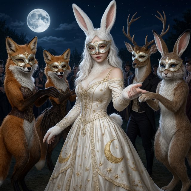Create the most glamorous and mysterious midnight masked-ball scene, where various alluring anthropomorphic animals, such as foxes, deer, and rabbits, pose and dance under the moon. They wear moon-themed masks. In the middle foreground stands the most exquisite, alluring human-rabbit hybrid, with long white rabbit ears, a pulchritudinous East Asian face, an hourglass figure, rabbit-fur features, and human skin blended aesthetically. She wears the most exquisite silk dress with moon patterns and cross-star embroidery. She poses in a beckoning gesture, inviting the viewer to be her dance partner at the masquerade. No speech. — Qwen Image 3.0 Pro