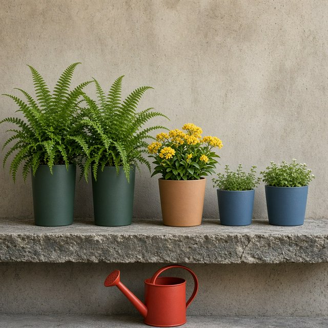 Exactly five potted plants stand on a stone ledge: two tall green ferns on the left, one flowering yellow plant in the center, and two small blue pots on the right. A red watering can sits below, nothing else. — Grok Imagine Image 2