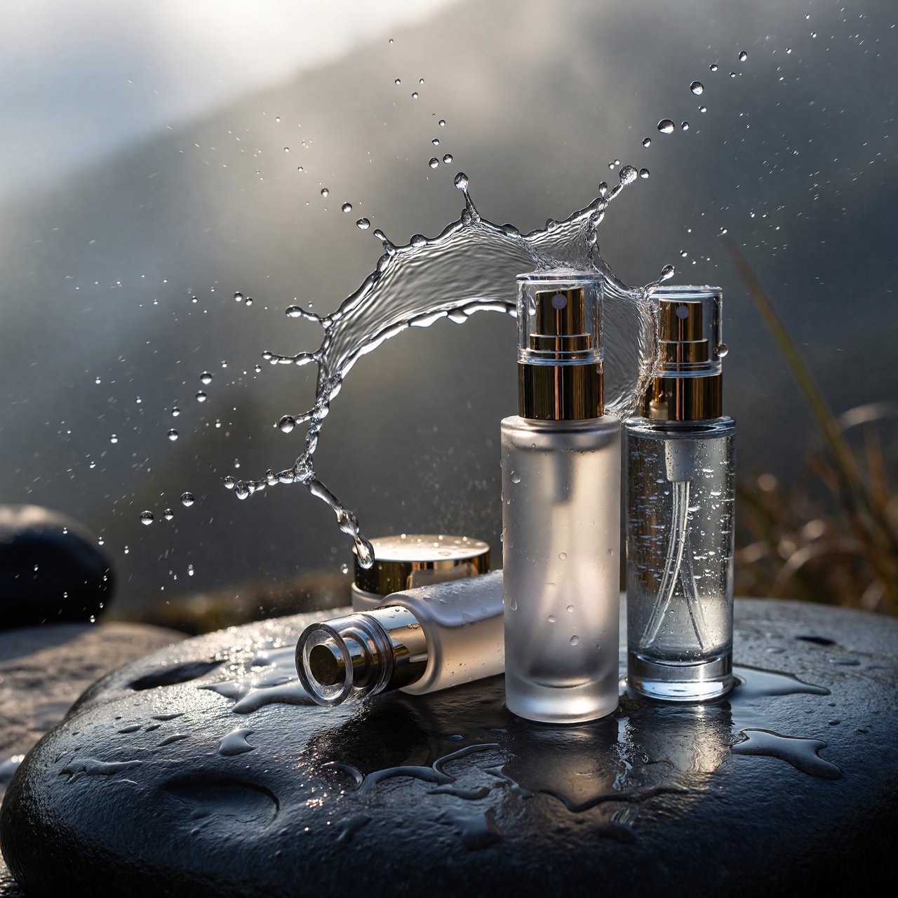 Three frosted glass skincare bottles on a wet stone surface with a splash of water, morning light, shallow depth of field. — ImagineArt 1.5 Pro