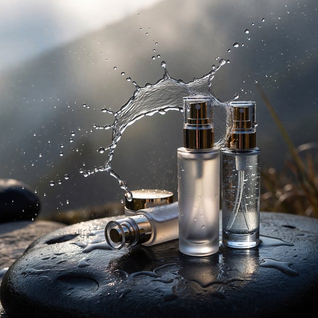 Three frosted glass skincare bottles on a wet stone surface with a splash of water, morning light, shallow depth of field. — ImagineArt 1.5 Pro