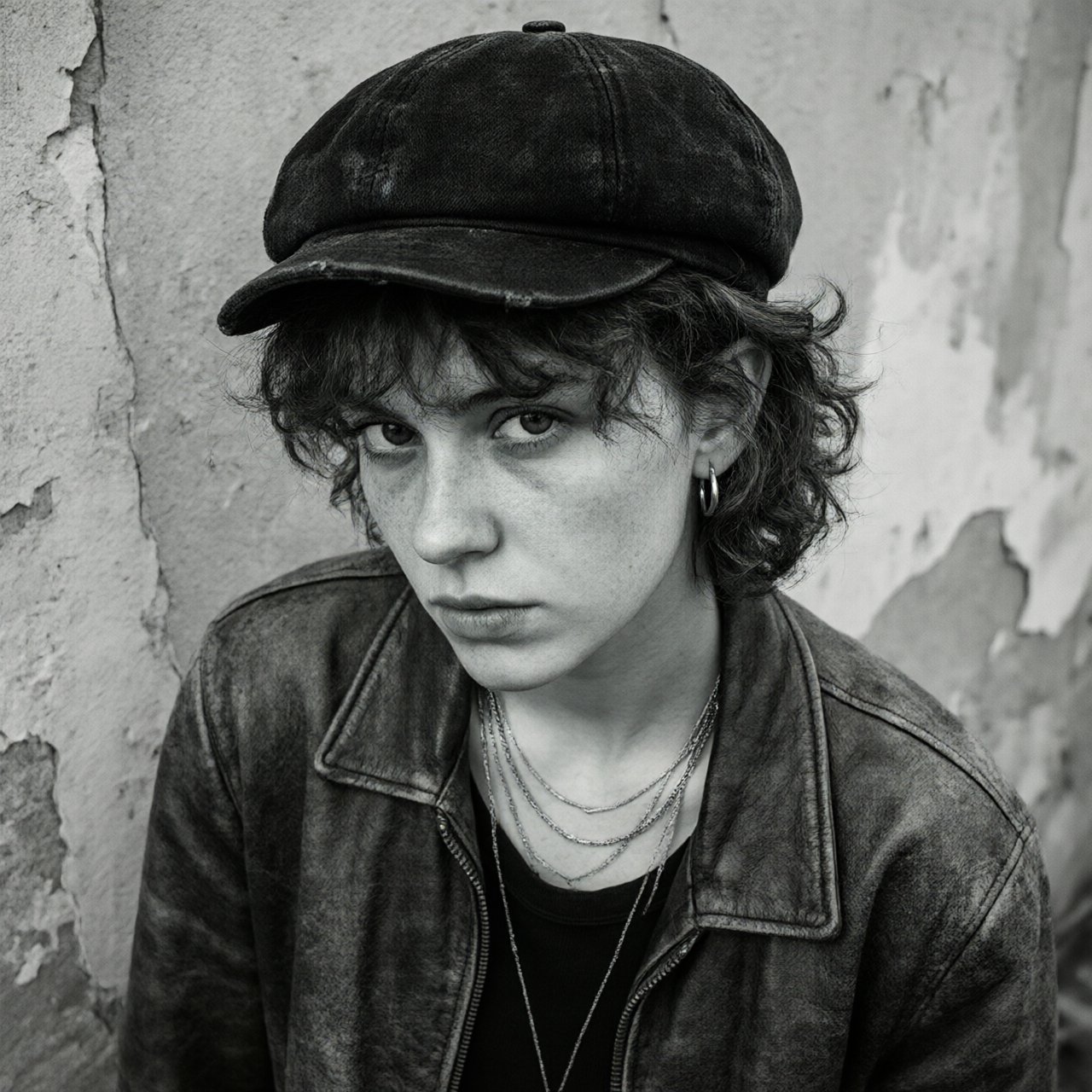 A monochrome, grainy, photorealistic medium close-up shot from a high angle: a young woman with messy, short curls, fair, freckled skin, and an intense, direct gaze into the camera. She is wearing a faded, worn-in black flat cap, a distressed vintage leather jacket over a dark undershirt, several thin silver chains, and a small hoop earring. Soft, diffused side lighting from the left casts gentle shadows across her face. In the background, a weathered wall with peeling plaster. Shallow depth of field, a moody, gritty film aesthetic, and sharp focus on the subject's eyes. — Qwen Image 3.0