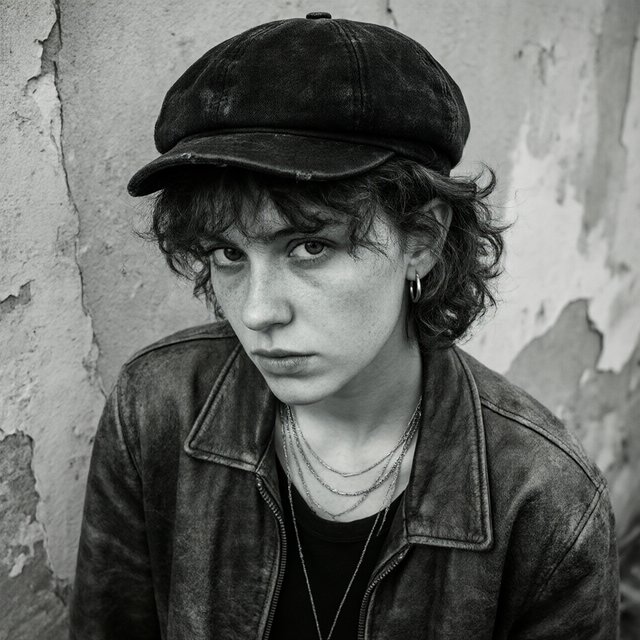 A monochrome, grainy, photorealistic medium close-up shot from a high angle: a young woman with messy, short curls, fair, freckled skin, and an intense, direct gaze into the camera. She is wearing a faded, worn-in black flat cap, a distressed vintage leather jacket over a dark undershirt, several thin silver chains, and a small hoop earring. Soft, diffused side lighting from the left casts gentle shadows across her face. In the background, a weathered wall with peeling plaster. Shallow depth of field, a moody, gritty film aesthetic, and sharp focus on the subject's eyes. — Qwen Image 3.0