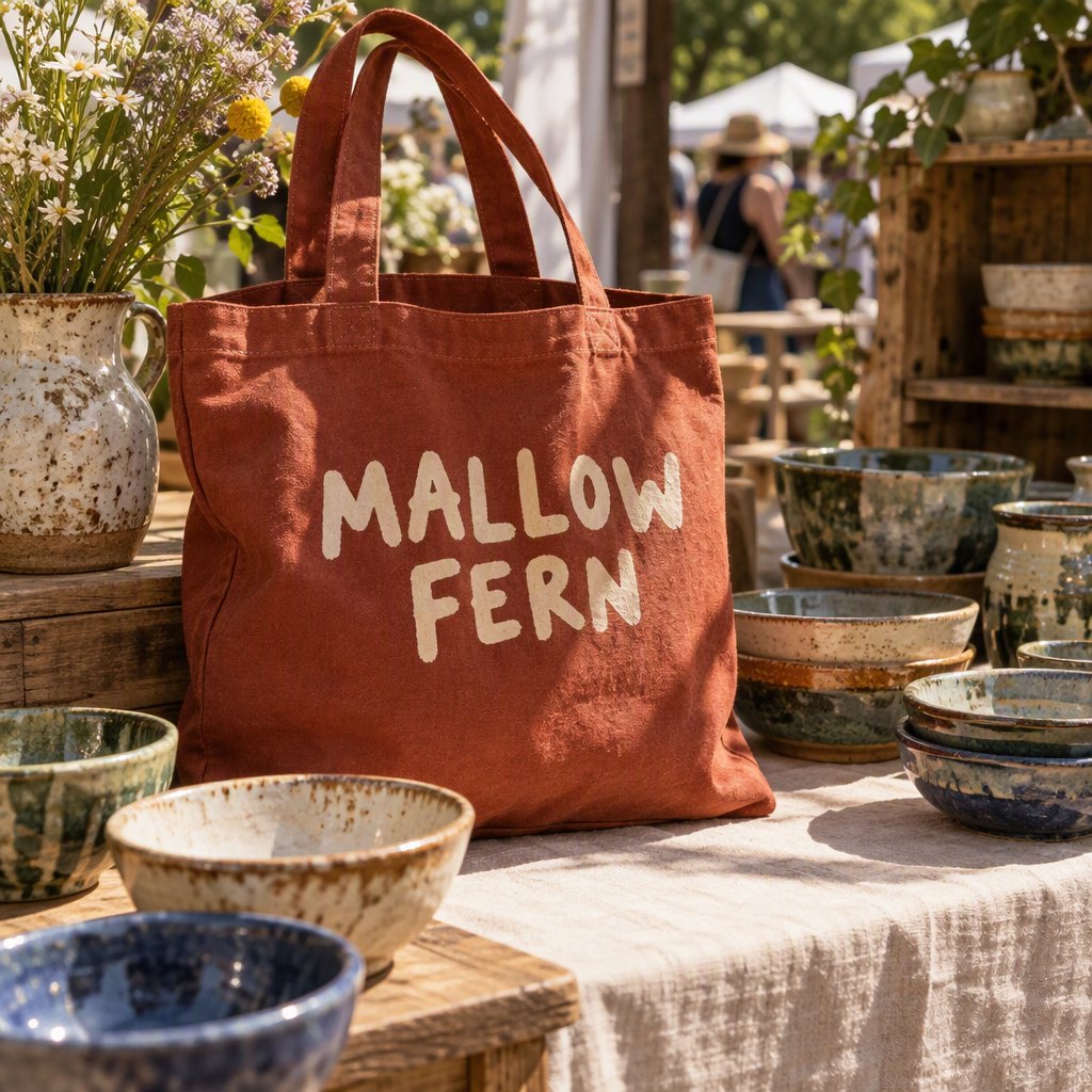 Sunlight pools over a pottery market table, where a rust-red canvas tote rests beside glazed bowls; "MALLOW FERN" is hand-painted in chunky white letters on its front, with no other legible writing. — GPT Image 2.5 Sunburst