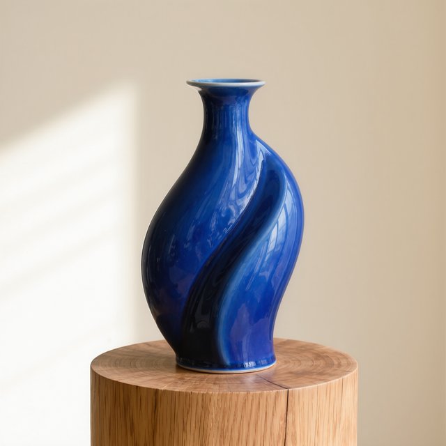 Commercial product photograph of an unbranded sculptural ceramic vase, formed from glossy cobalt porcelain, standing on a pale oak pedestal against a warm ivory background, illuminated by soft directional daylight and subtle fill. — Kling v3 Omni
