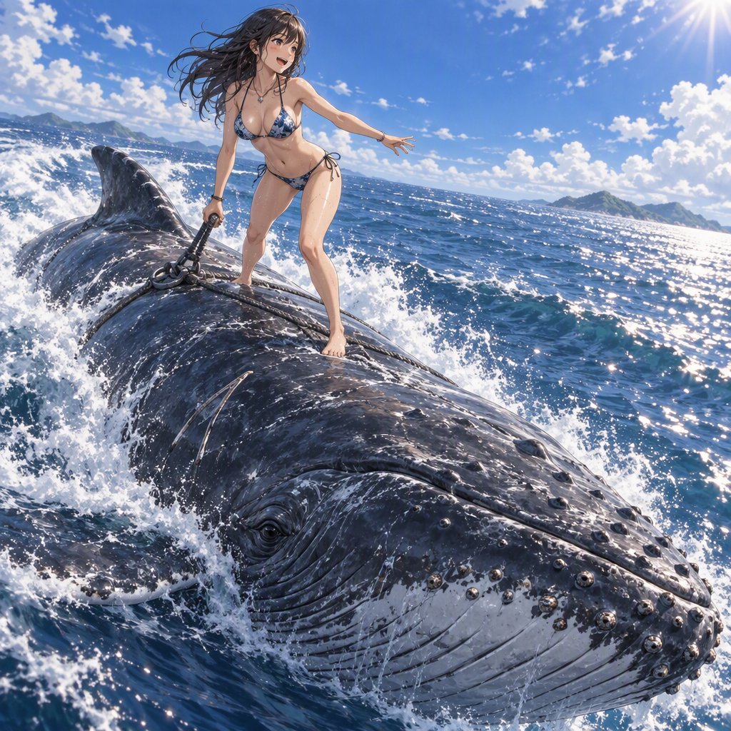Anime-style illustration of an adult young woman confidently balancing on the broad back of a massive humpback whale as it swims across the open ocean. She wears a stylish two-piece bikini appropriate for a sunny tropical setting, with wet hair and subtle water droplets catching the light. One hand grips a sturdy tether secured near the whale's dorsal area, using it to maintain her balance as the whale moves through the waves, while her other arm extends naturally for stability. The whale is enormous and majestic, its dark blue-gray skin covered in realistic texture, scars, and subtle highlights. Its powerful body breaks partially above the rolling ocean surface, creating a sweeping trail of white foam and spray behind it. The woman looks exhilarated and joyful, her expression conveying adventure and freedom rather than fear. Vast open sea stretches toward the horizon beneath a brilliant blue sky with scattered white clouds. Sunlight sparkles across the water — GPT Image 2.5 Sunburst