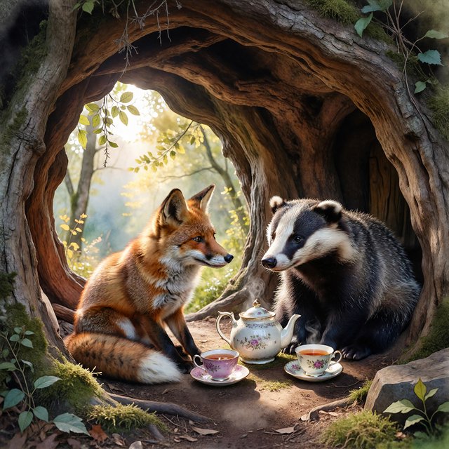 Children's book illustration of a fox and a badger sharing tea in a hollow tree, watercolour and ink, warm and gentle. — ImagineArt 1.5 Pro