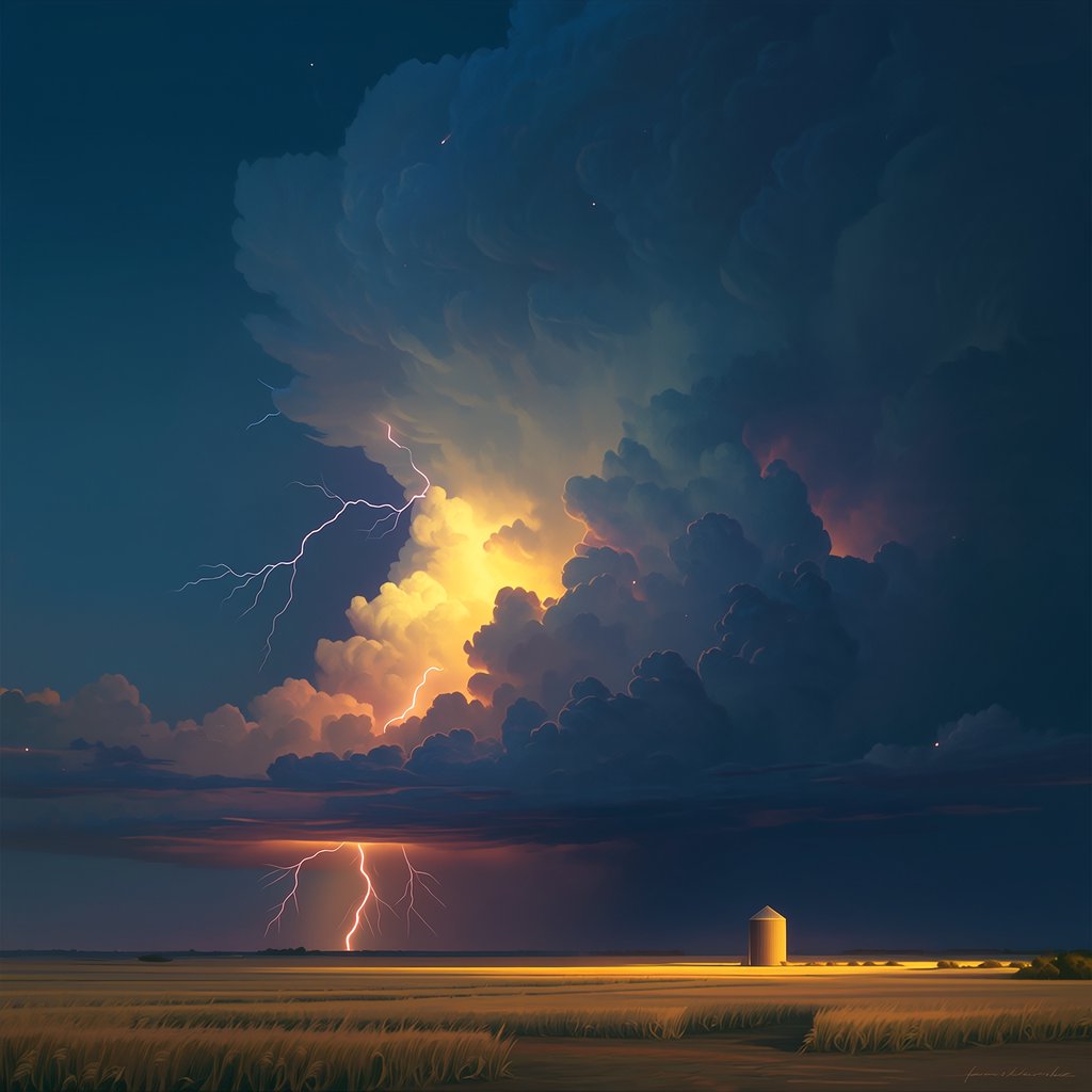 A supercell thunderstorm over flat farmland, lightning inside the cloud, a lone grain silo, dramatic but realistic. — Midjourney Niji 7