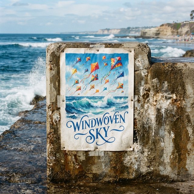 On a salt-stained seawall, a printed poster for a kite-making exhibition shows bright diamond kites sweeping above blue waves; “WINDWOVEN SKY” is screen-printed in sweeping cobalt script, with no other legible writing. — Model 16