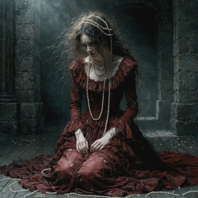 A dramatic cinematic portrait of a fallen noblewoman kneeling in a dimly lit stone chamber, wearing a disheveled dark crimson silk gown, the fabric torn and loose, revealing hints of pale skin, strong chiaroscuro lighting highlighting her silhouette and sorrowful expression, tears, messy hair adorned with broken pearls, atmosphere of despair and silence, oil painting style realism — Recraft v4