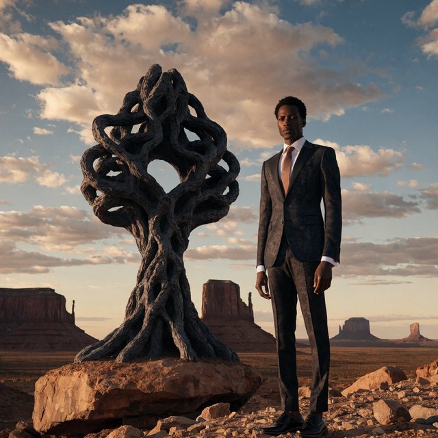 Editorial glamour photograph of an adult man in a charcoal evening suit with a muted copper tie, standing at ease beside a desert art installation, flattering sunset light warming the sculptural landscape, composed expression and refined magazine atmosphere. — Recraft v4 Pro