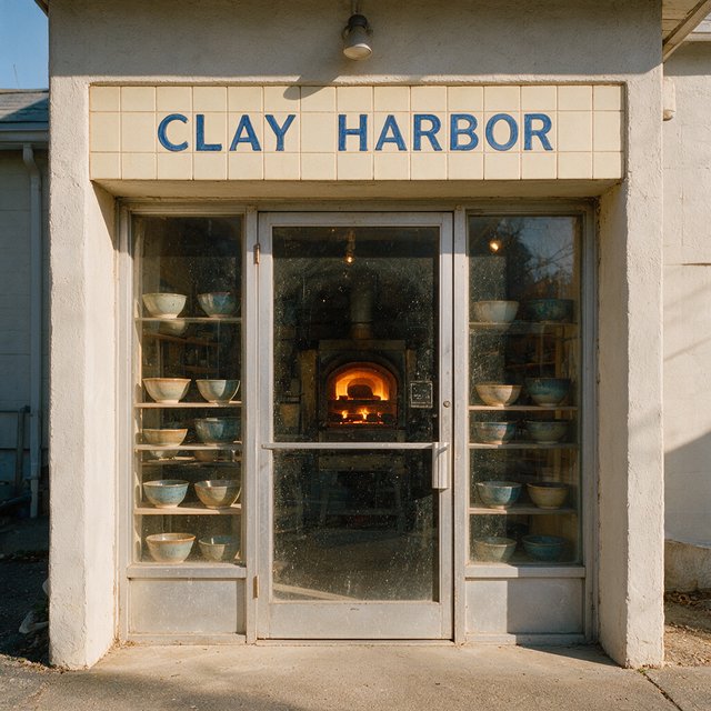 A sunlit ceramicist's studio storefront displays glazed bowls behind dusty glass doors; "CLAY HARBOR" is printed in cobalt-blue block letters across a cream tile transom above the entrance, with kiln warmth glowing inside. — Seedream 5.0 Pro