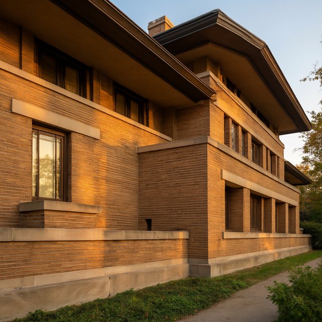 Exterior of a Prairie School residence with broad overhanging eaves, warm brick, limestone courses, and ribbon windows; amber evening light grazes the facade, viewed obliquely from a garden path, with disciplined horizontal lines and credible structure. — Qwen Image 3.0