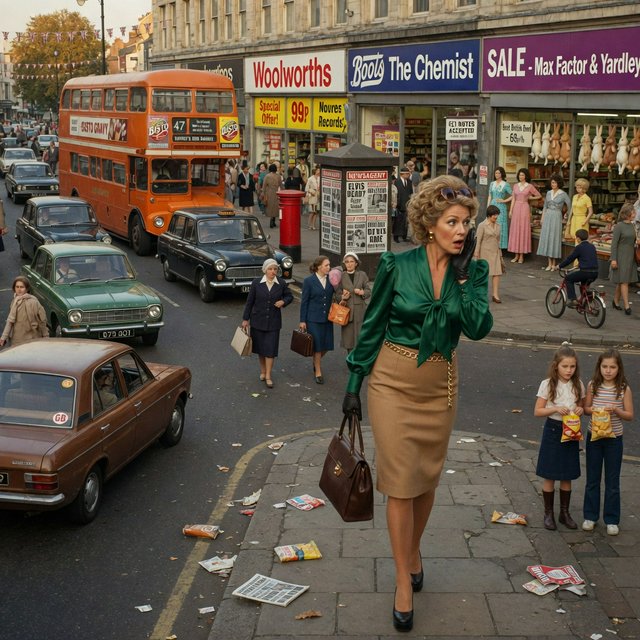 A glamorous woman walking down a busy UK high street in 1977. There are cars, buses and shops full of merchandise. Something surprising catches her eye. — Grok Imagine Image Quality