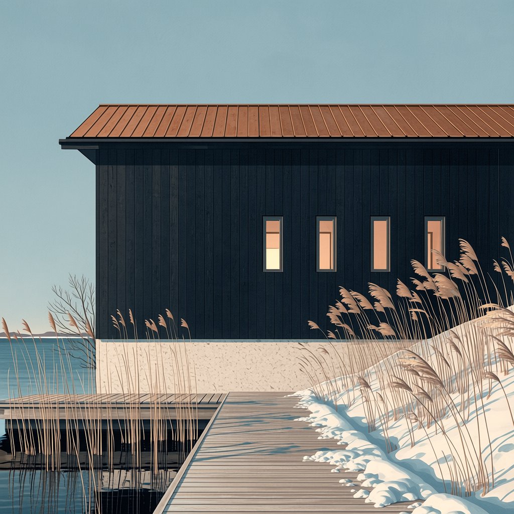 Exterior of a Scandinavian modernist lakeside sauna pavilion, blackened timber cladding, pale granite plinth, copper roof, winter blue-hour light glowing through narrow windows, viewed from a snowy reed-lined path, straight structural geometry and plausible construction. — Midjourney Niji 7
