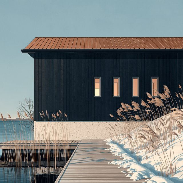 Exterior of a Scandinavian modernist lakeside sauna pavilion, blackened timber cladding, pale granite plinth, copper roof, winter blue-hour light glowing through narrow windows, viewed from a snowy reed-lined path, straight structural geometry and plausible construction. — Midjourney Niji 7
