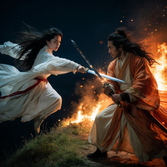Frontal cinematic shot of two adult martial artists dueling on a cliff at night in ancient China: a female swordswoman in flowing white hanfu is airborne in a dynamic combat pose, thrusting her sword forward, while a male swordsman in traditional Taoist robes firmly parries her attack with his own blade. Moonlit night, wind sweeping their garments and hair, dramatic cliffside setting, tense face-off, elegant wuxia atmosphere, vivid motion, visually striking. — Krea 2 Large