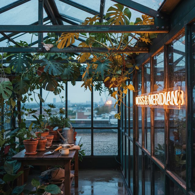 Inside a rooftop greenhouse at blue hour, tropical leaves crowd iron beams above a quiet potting bench; "MOSS & MERIDIAN" glows in warm amber neon along the glass entrance, with rain beads catching the light. — Ideogram v4