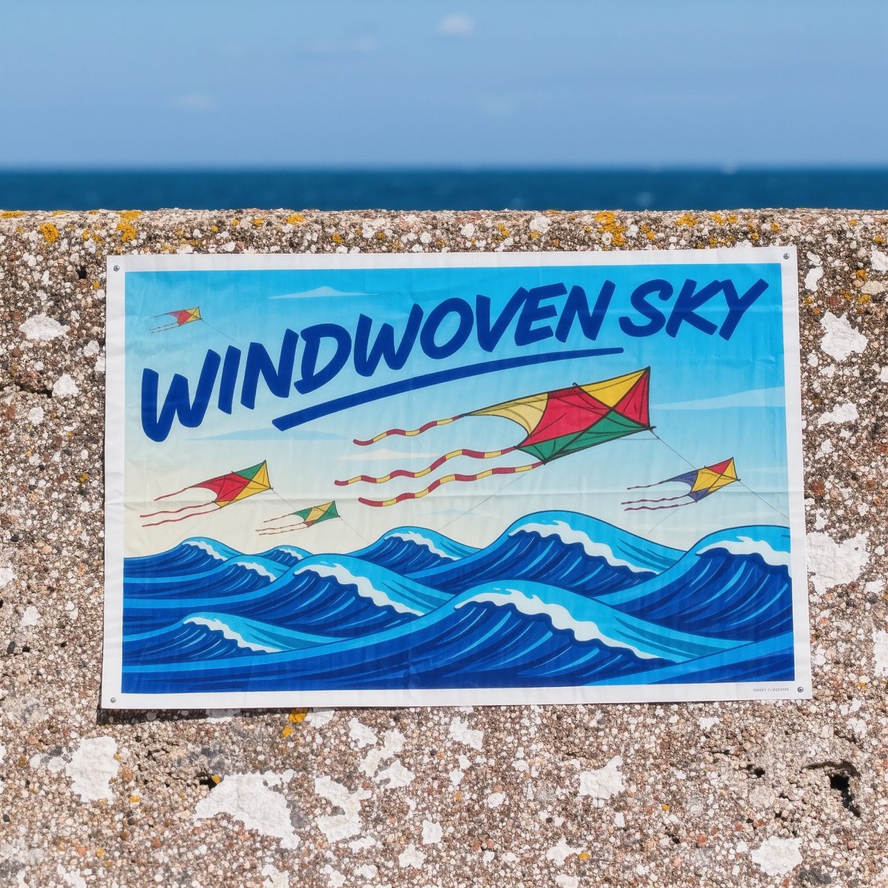 On a salt-stained seawall, a printed poster for a kite-making exhibition shows bright diamond kites sweeping above blue waves; “WINDWOVEN SKY” is screen-printed in sweeping cobalt script, with no other legible writing. — Kling v3 Omni