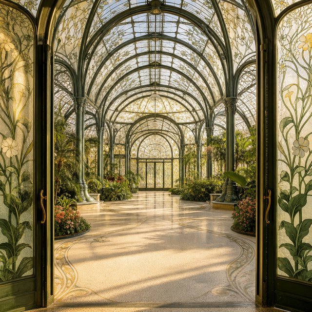 Interior of an Art Nouveau winter garden, curved iron ribs, cream terrazzo floor, hand-painted botanical glass panels, filtered late-afternoon sunlight, viewed from the entrance along the central axis, elegant geometry and believable load-bearing structure. — GPT Image 2