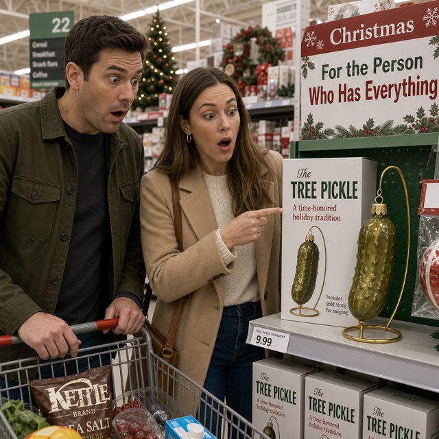 A husband and wife are shopping in a large, well-lit supermarket. They are surprised by what is for sale in the Christmas aisle. — GPT Image 2