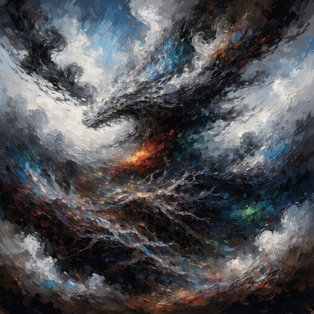 An abstract tapestry woven from the dreams of a sleeping dragon, depicted as a chaotic yet beautiful explosion of iridescent scales, fiery embers, and swirling smoke. The composition is dynamic and energetic, with bold brushstrokes and a rich, textured surface. The style is abstract expressionism, capturing the raw, untamed essence of draconic power. — Recraft v4
