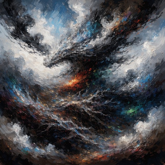An abstract tapestry woven from the dreams of a sleeping dragon, depicted as a chaotic yet beautiful explosion of iridescent scales, fiery embers, and swirling smoke. The composition is dynamic and energetic, with bold brushstrokes and a rich, textured surface. The style is abstract expressionism, capturing the raw, untamed essence of draconic power. — Recraft v4