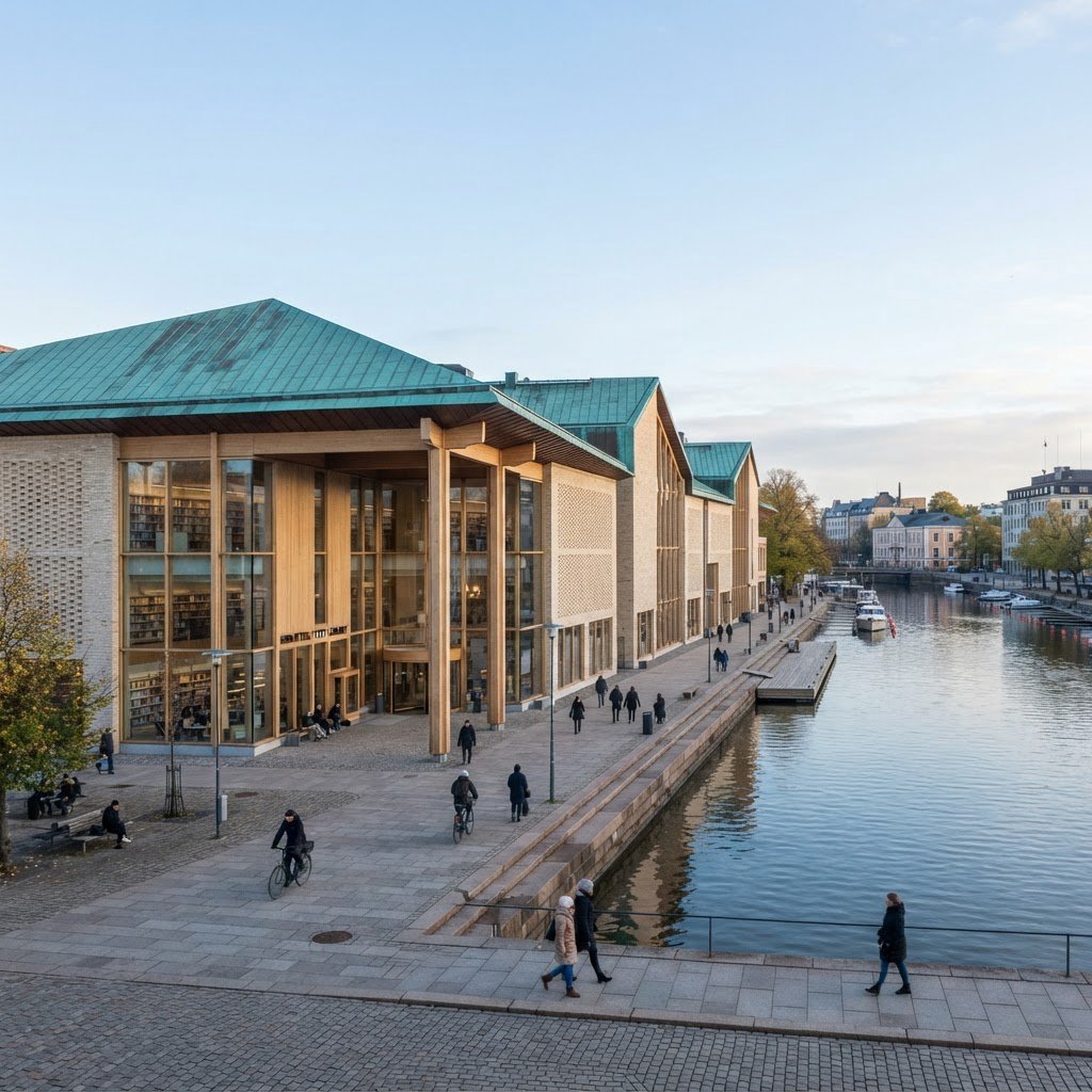 A riverside public library in contemporary Nordic brick architecture combines pale buff brick, oak-framed glazing, and a copper roof; cool morning light grazes its elevations, viewed from across the promenade, with straight lines and credible supports. — Nano Banana 2 Lite