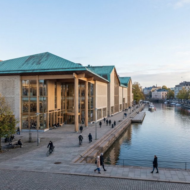 A riverside public library in contemporary Nordic brick architecture combines pale buff brick, oak-framed glazing, and a copper roof; cool morning light grazes its elevations, viewed from across the promenade, with straight lines and credible supports. — Model 16