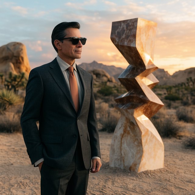 Editorial glamour photograph of an adult man in a charcoal evening suit with a muted copper tie, standing at ease beside a desert art installation, flattering sunset light warming the sculptural landscape, composed expression and refined magazine atmosphere. — Krea 2 Large