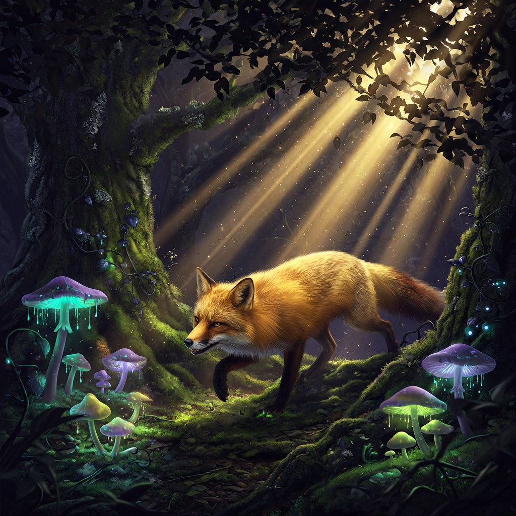 A cunning fox with fur like molten gold cautiously steps through a dense, ancient forest. Shafts of light pierce the canopy, illuminating dust motes dancing in the air. Strange, glowing mushrooms cast an otherworldly light on the moss-covered ground. The style is a blend of dark fantasy illustration and hyperrealism, with a focus on dramatic, cinematic lighting. — Grok Imagine Image Quality
