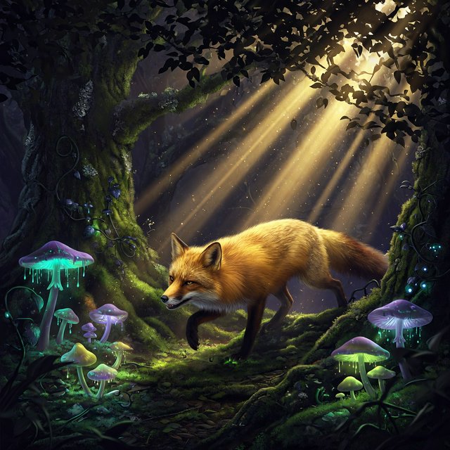 A cunning fox with fur like molten gold cautiously steps through a dense, ancient forest. Shafts of light pierce the canopy, illuminating dust motes dancing in the air. Strange, glowing mushrooms cast an otherworldly light on the moss-covered ground. The style is a blend of dark fantasy illustration and hyperrealism, with a focus on dramatic, cinematic lighting. — Grok Imagine Image Quality