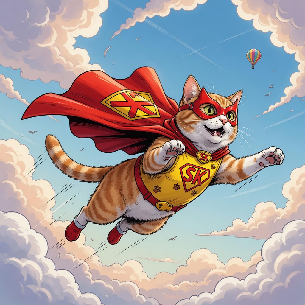 A cat flying in the sky wearing a super kitty costume. — Grok Imagine Image Quality
