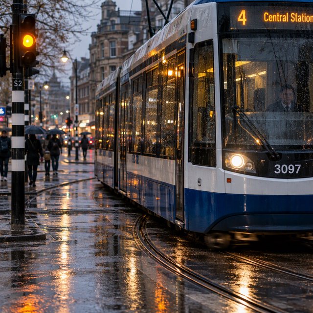 At a rain-darkened intersection, a tram grinds through a curve, its steel wheels shining beneath amber signal glow. A street-level news photo, shot on a 35mm lens with moderate depth of field, catches beads of water on the windows and slight wheel blur. — GPT Image 2.5 Flare