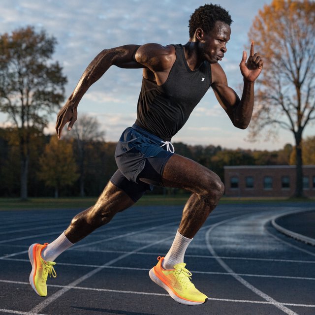 Adult male athlete in running shorts and a tank top mid-sprint on an outdoor track at dawn, muscles defined, motion captured sharply. — Recraft v4
