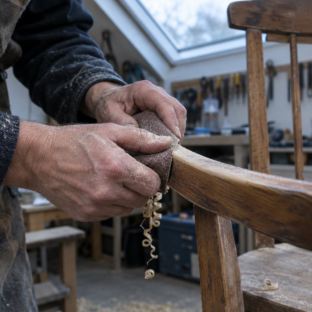 Fine curls gather beneath adult hands sanding the edge of a wooden chair in a quiet repair shed. A real-world workshop snapshot in cool skylight, using a normal lens at shallow depth of field, catches pale sawdust clinging to the knuckles. — GPT Image 2.5 Flare