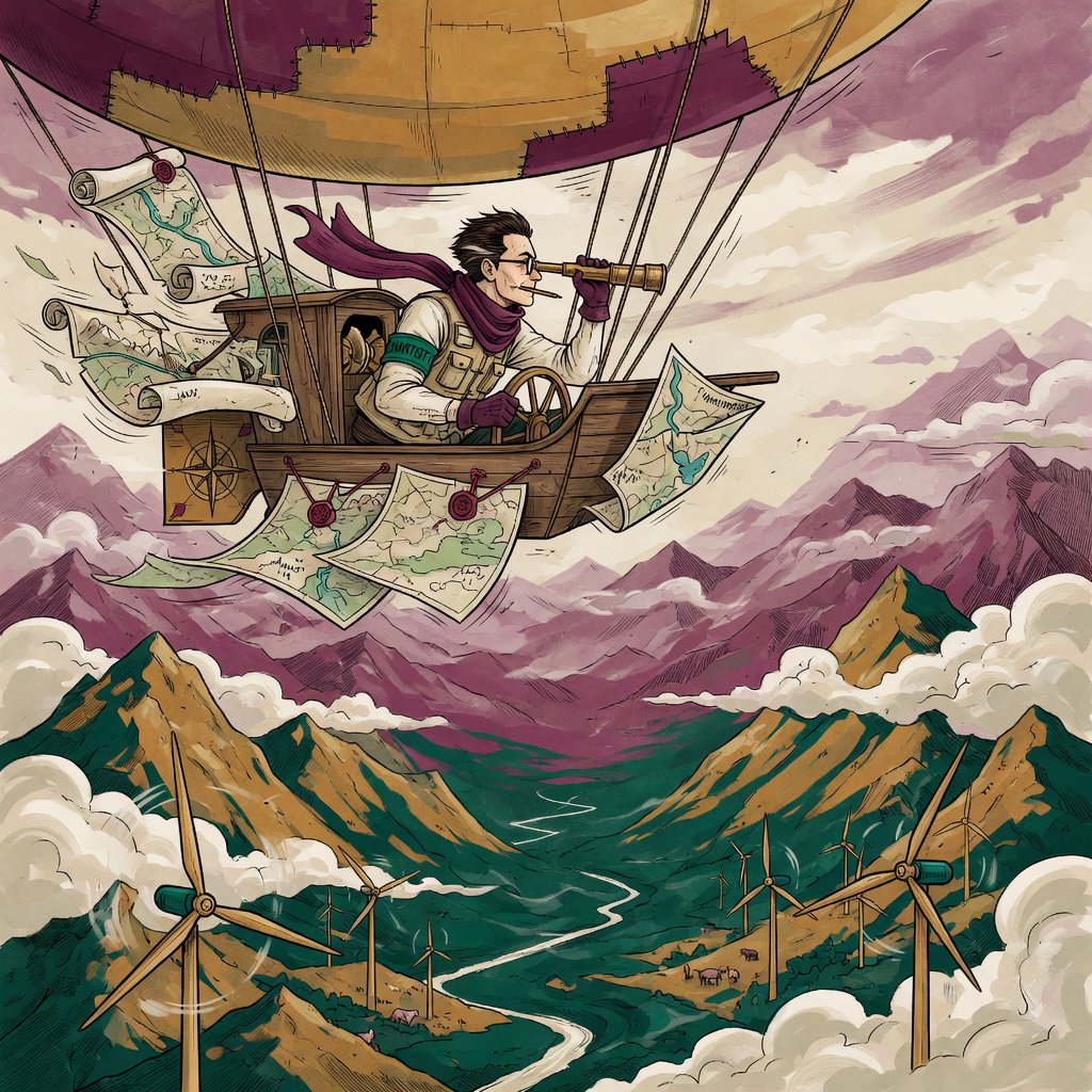 Ink-and-gouache illustration of an adult cartographer steering a small airship above a cloud-filled mountain valley, maps fluttering from the cabin and wind turbines turning below. Palette of emerald, ochre, plum, and cream, with lively linework and atmospheric washes. — Grok Imagine Image Quality