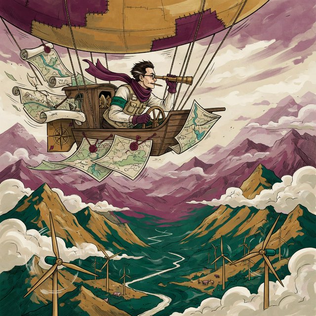 Ink-and-gouache illustration of an adult cartographer steering a small airship above a cloud-filled mountain valley, maps fluttering from the cabin and wind turbines turning below. Palette of emerald, ochre, plum, and cream, with lively linework and atmospheric washes. — Grok Imagine Image Quality