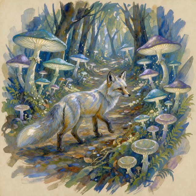 A solitary fox with fur like molten moonlight walks through an ethereal forest. Towering, bioluminescent fungi illuminate the path, casting an otherworldly glow. The style is reminiscent of early 20th-century magical realism, with bold, gestural brushstrokes akin to abstract expressionism, and a watercolor-like diffusion of light. — Model 1