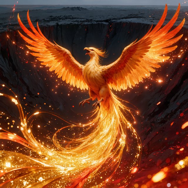 A majestic phoenix rising from a cascade of molten gold and shimmering embers against a backdrop of a dark, volcanic caldera. Its feathers are ablaze with brilliant oranges, reds, and fiery yellows. The air around it crackles with heat and energy. Style: Epic fantasy art with dynamic composition and vibrant color contrast — Kling v3