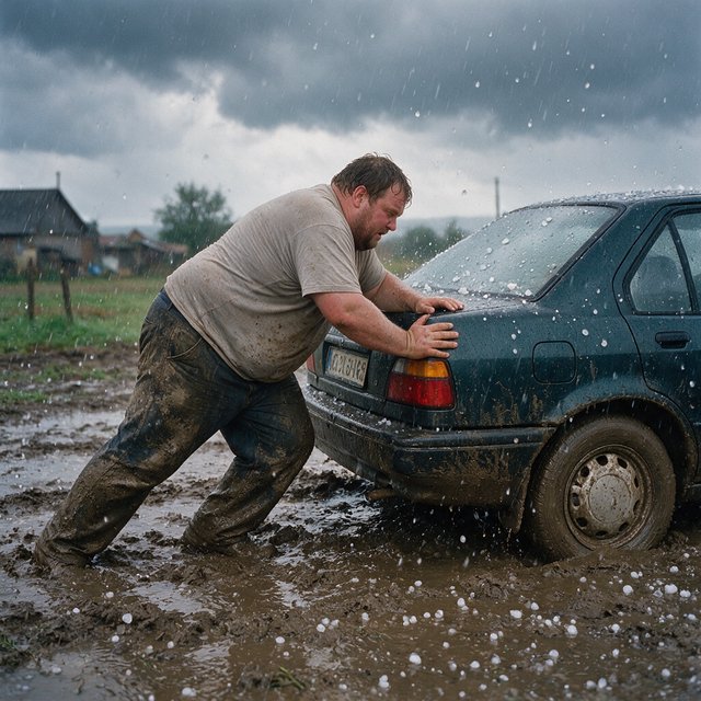 A man is pushing his car, which is stuck in the mud, amid heavy rain in the countryside. The sky is gloomy, and some hail is also falling on the car and the ground. The big man has mud all over his trousers. Show him struggling. — Seedream 5.0 Pro