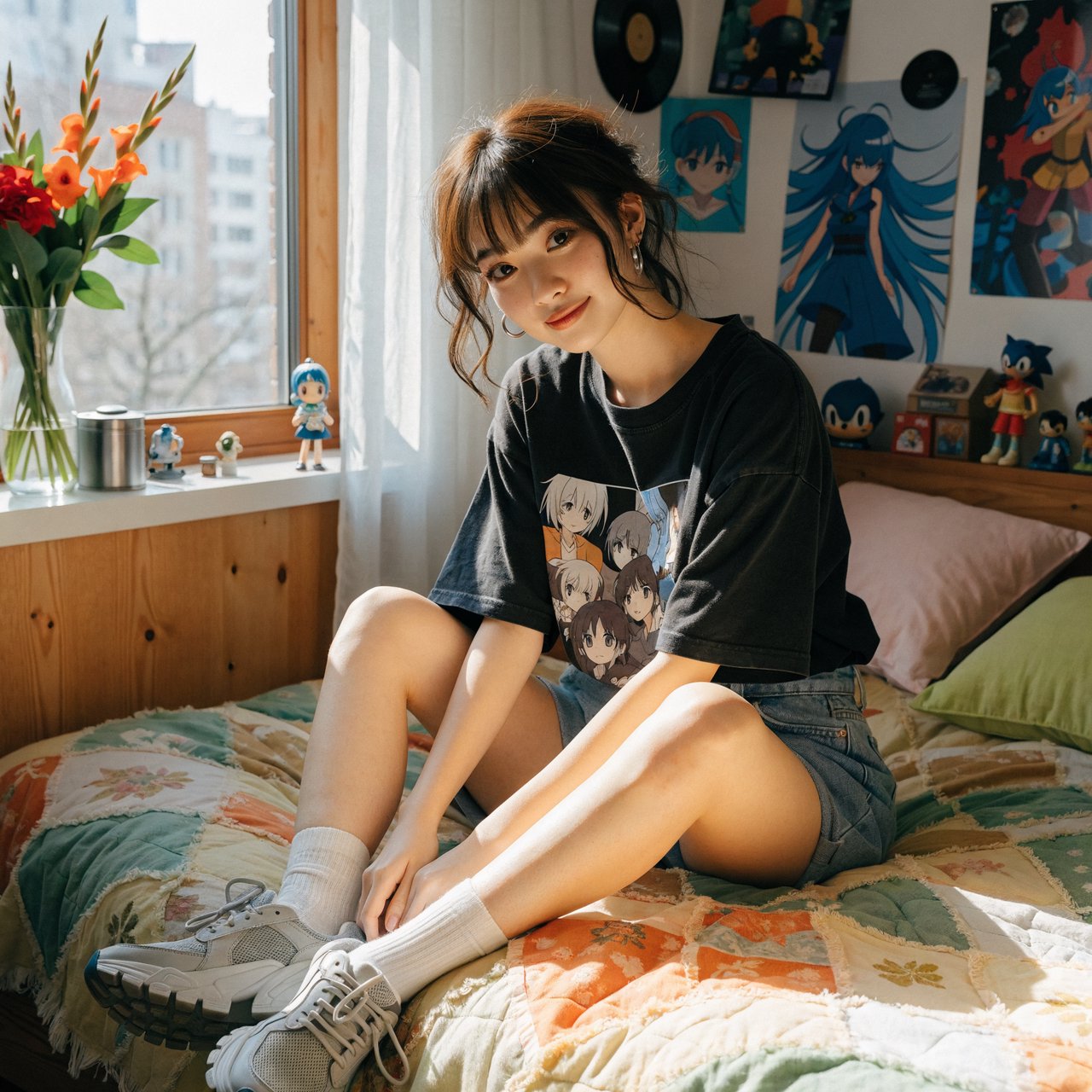 A young beautiful woman of Chinese descent, she is twenty years old, sitting in a bedroom, sitting on the edge of her bed. She is wearing a black anime-themed shirt and denim shorts. She has dark brown hair with light blue highlights, brown eyes, pale skin. Her bedroom has anime- and video game-inspired posters and trinkets. Looking at the viewer, smiling. — Recraft v4 Pro