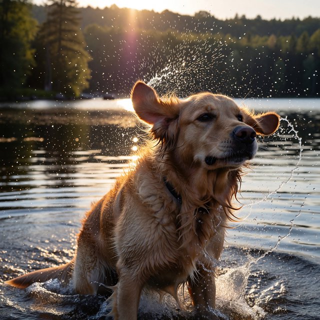 A wet golden retriever shaking off water on a lakeshore, droplets frozen mid-air, backlit by low sun, high shutter speed. — ImagineArt 1.5 Pro