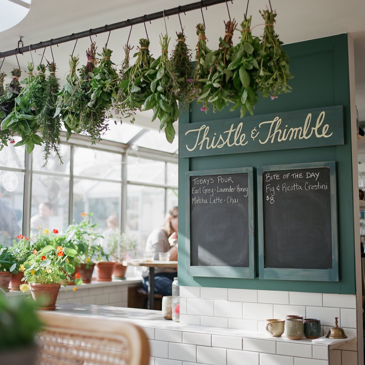 At a neighborhood greenhouse café, sunlight filters through hanging herbs above a tiled counter; "THISTLE & THIMBLE" is painted in hand-lettered cream script across a deep green wooden menu board. — Ideogram v4