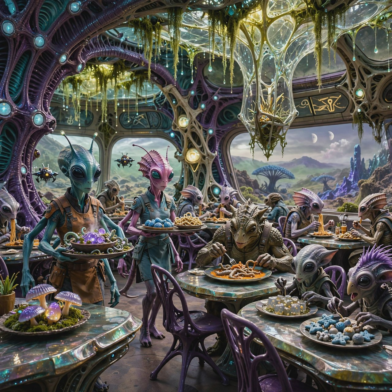 An alien restaurant on a strange planet. The interior is well lit, but the décor is very strange and out of this world. Alien waitresses are bringing in platters of food. Alien diners are eating very unusual dishes. — Muse Image 1.0