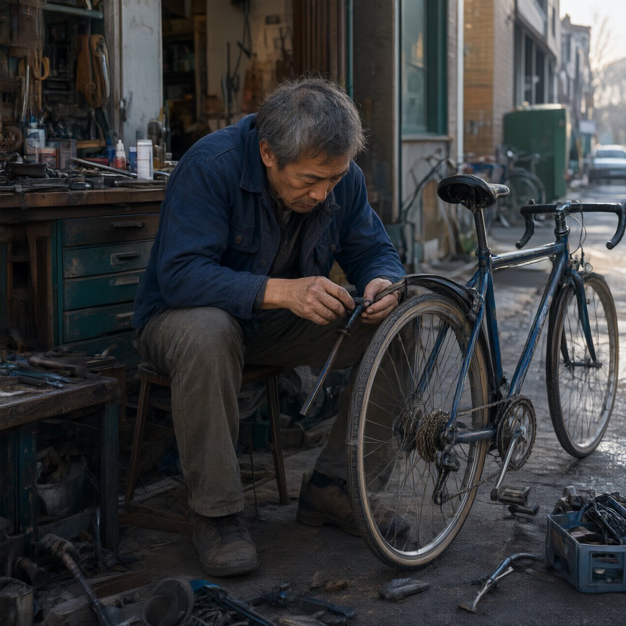 Candid documentary photograph of an adult repairing a bicycle at a quiet curbside workshop, cool morning window light, 50mm lens with shallow depth of field, grease smudges on their fingertips. — Qwen Image 3.0