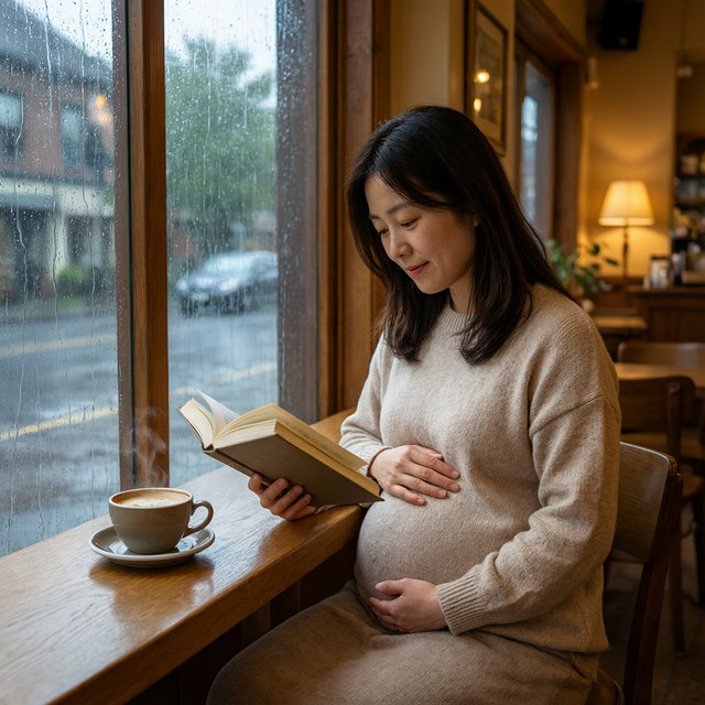 Photorealistic cinematic scene of a pregnant Chinese woman sitting in a cozy café by the window, reading a book. She appears calm, gentle, and thoughtful, with one hand resting naturally near her belly. On the table beside her is a cup of coffee, softly steaming. Outside the large window, heavy rain pours down, with streaks of water on the glass and a blurred rainy street beyond. The café interior is warm and inviting, with soft ambient lighting, wooden textures, and a peaceful atmosphere that contrasts with the storm outside. The composition should feel intimate, emotional, and serene, with the woman as the clear focal point. — Qwen Image 3.0 Pro