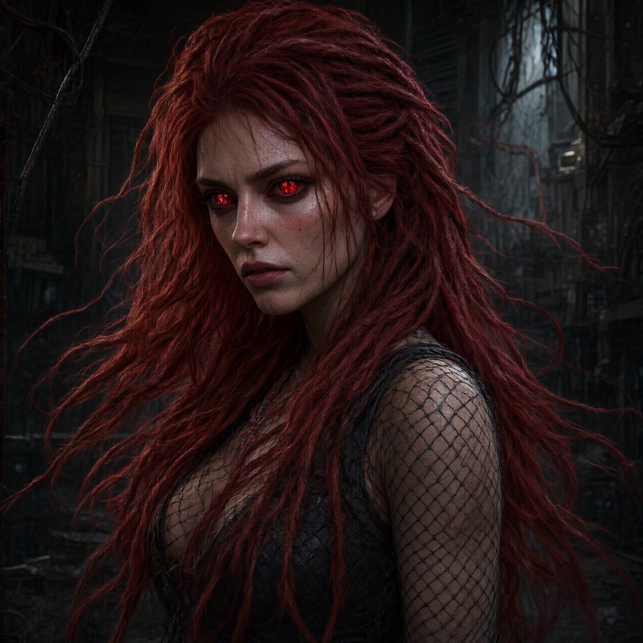 Fishnet grimdark fantasy. A suitable-for-TV-PG adult underworld agent with long crimson-red dreadlocked hair with flowing locks, ruby-red crystalline eyes, real skin pores, photographic rendering, and real material textures. No text. — Qwen Image 3.0
