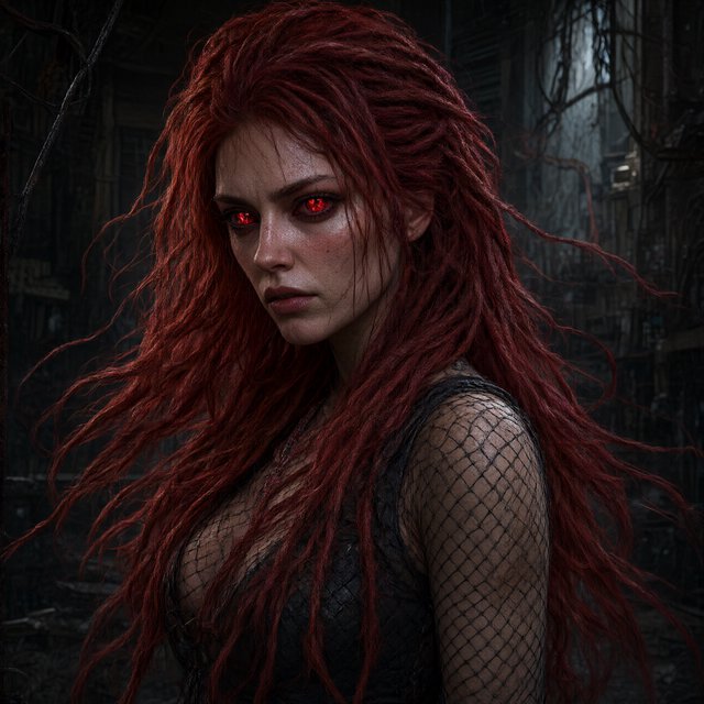 Fishnet grimdark fantasy. A suitable-for-TV-PG adult underworld agent with long crimson-red dreadlocked hair with flowing locks, ruby-red crystalline eyes, real skin pores, photographic rendering, and real material textures. No text. — Qwen Image 3.0