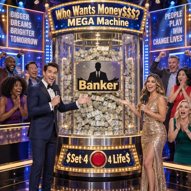 People on the set of a super mega game show called "Who Wants Money$$$?". There are at least six adults (three men and three women), all of different races, looking really excited. There is a big machine with a lot of cash inside. At the top of the machine it says "Who Wants Money$$$? MEGA Machine". In the middle of the machine it says "Banker", with the shadow of a man near the name. At the bottom of the machine it says "$Set 4 Life$", with a red button in the middle of the words. Near the machine are game hosts on both sides of it: a handsome man and a pretty woman. — GPT Image 2.5 Sunburst
