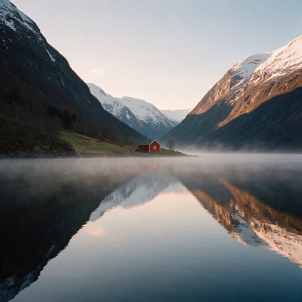 A Norwegian fjord at dawn, mist over still water, a single red cabin on the shore, snow on the peaks, wide angle. — Seedream 5.0 Pro